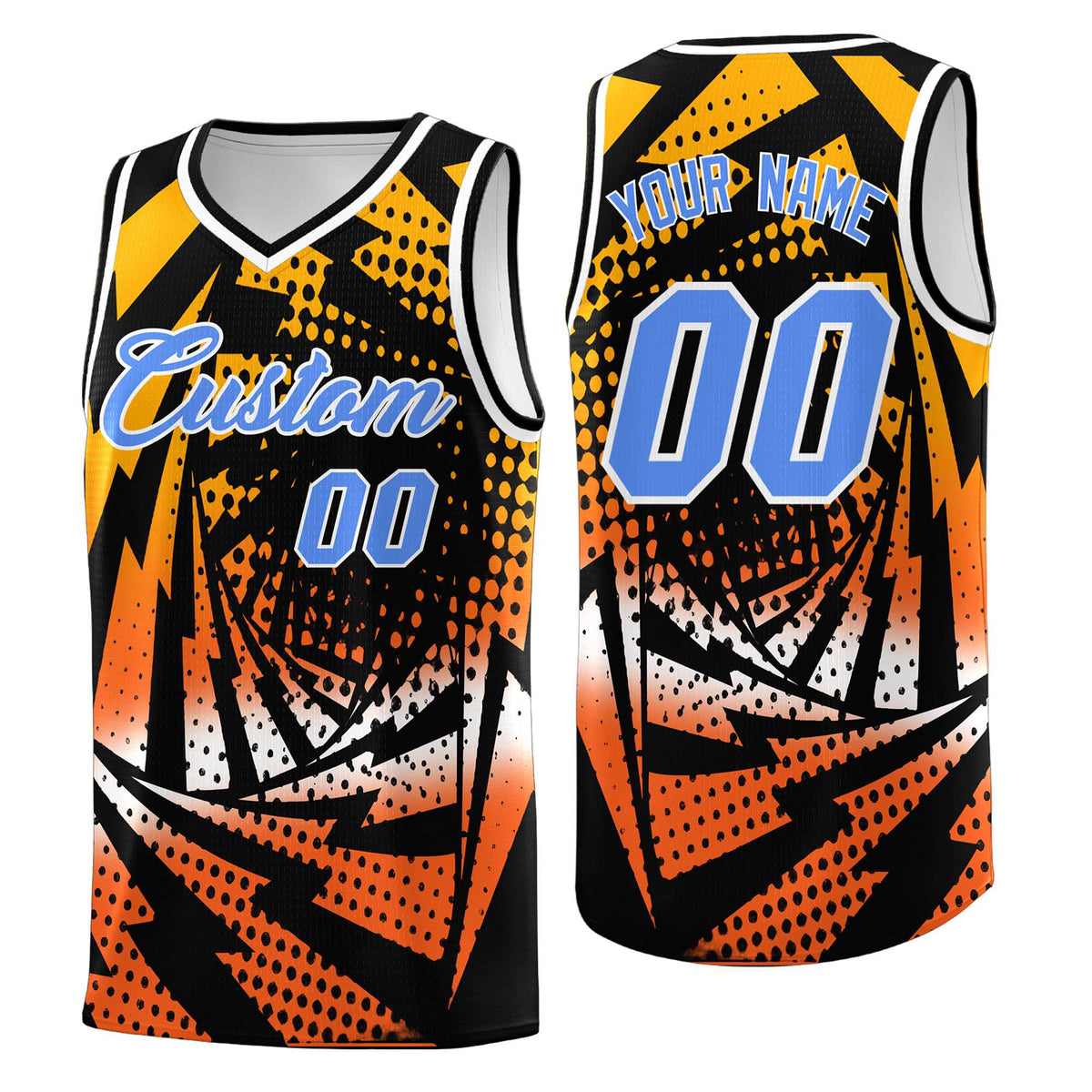 Custom Youth Basketball Jerseys Black Orange Lightning Design Halftone Personalized Uniforms