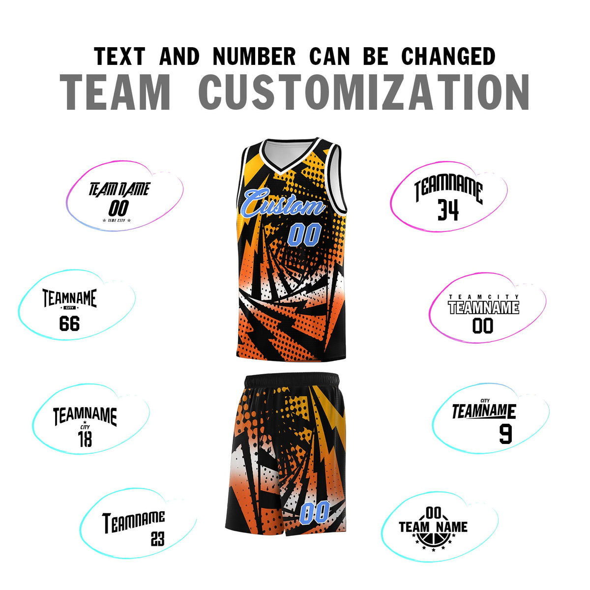 Custom Youth Basketball Jerseys Black Orange Lightning Design Halftone Personalized Uniforms