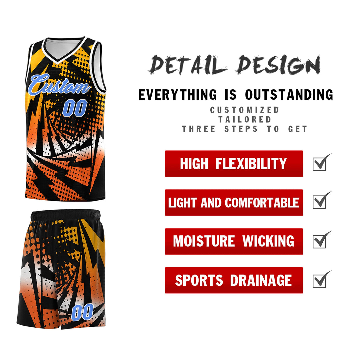 Custom Youth Basketball Jerseys Black Orange Lightning Design Halftone Personalized Uniforms