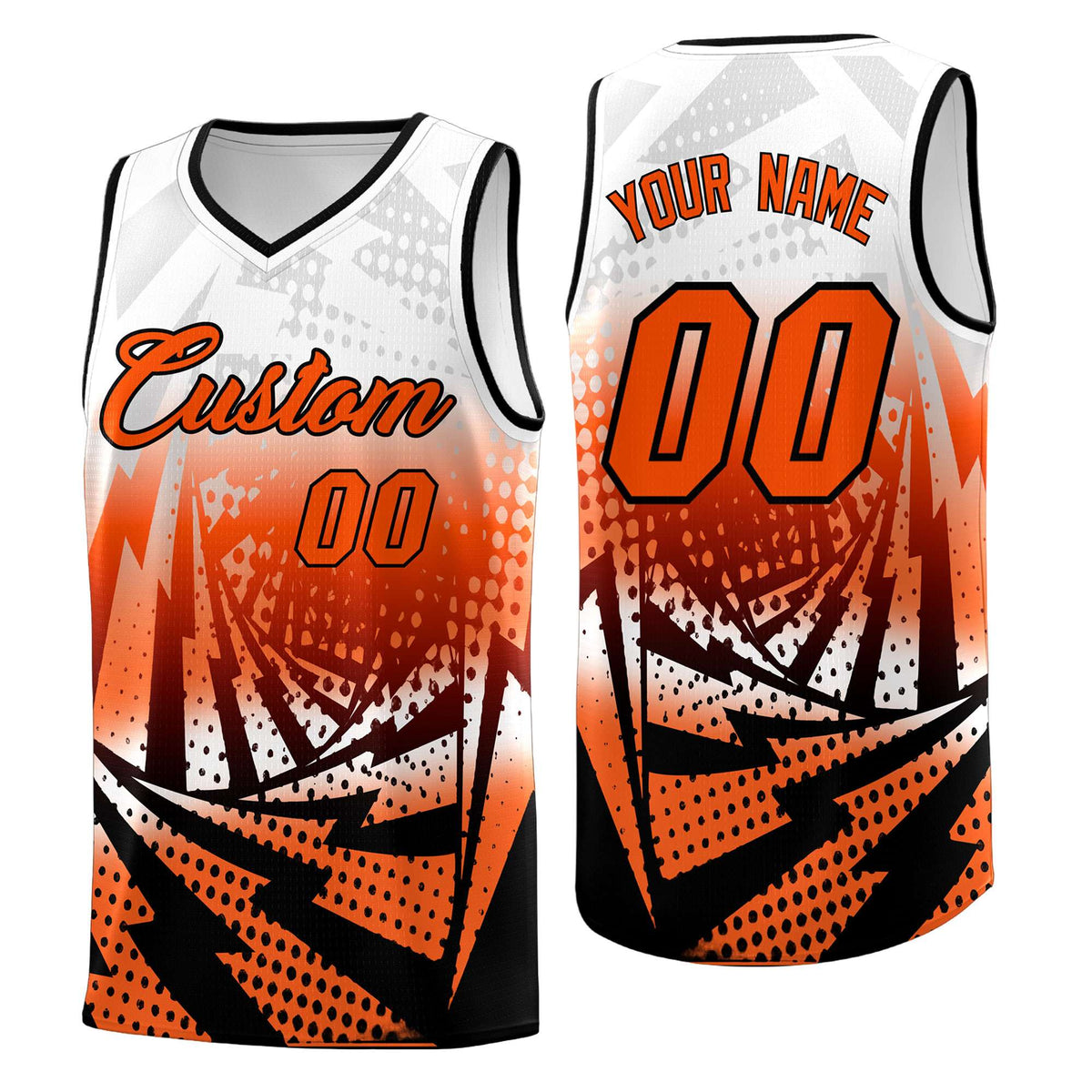 Custom Youth Basketball Jerseys White Orange Lightning Halftone Personalized Team Uniforms