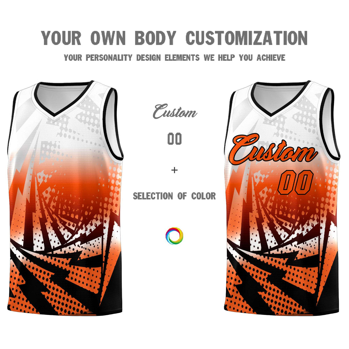 Custom Youth Basketball Jerseys White Orange Lightning Halftone Personalized Team Uniforms