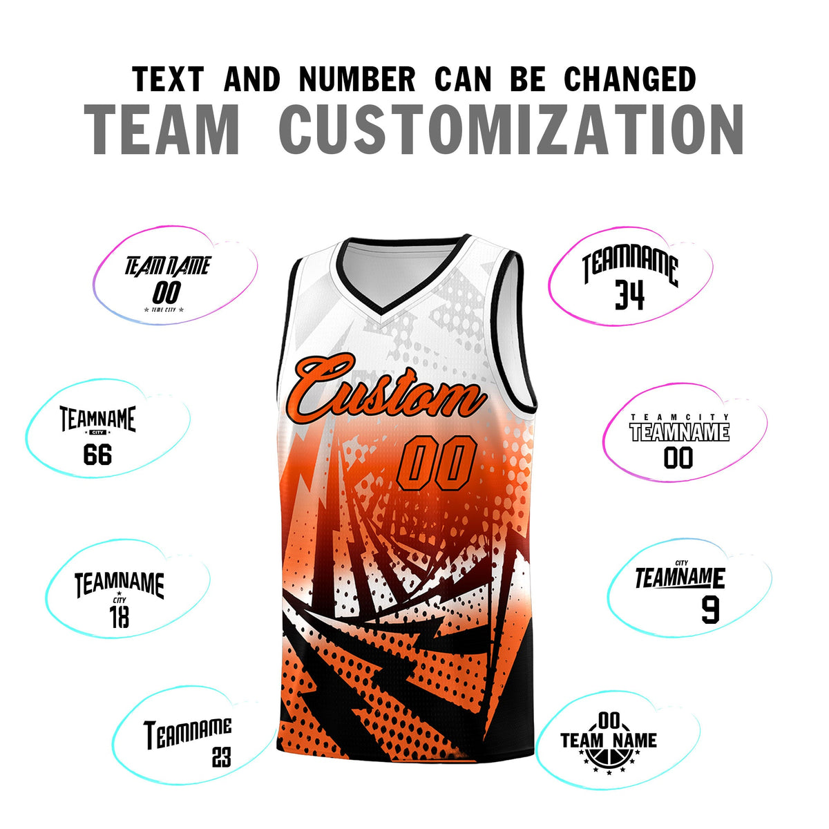 Custom Youth Basketball Jerseys White Orange Lightning Halftone Personalized Team Uniforms