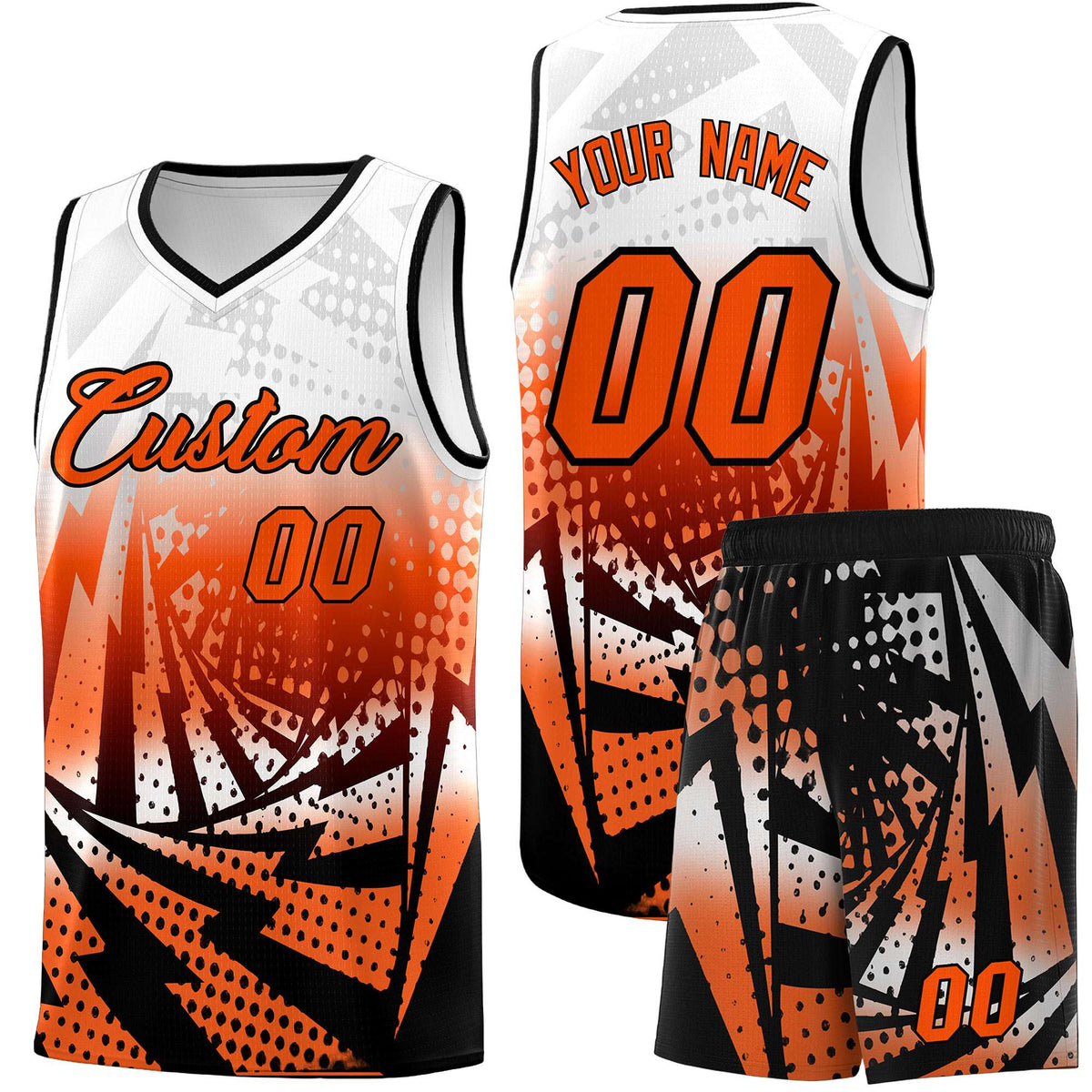 Custom Youth Basketball Jerseys White Orange Lightning Halftone Personalized Team Uniforms