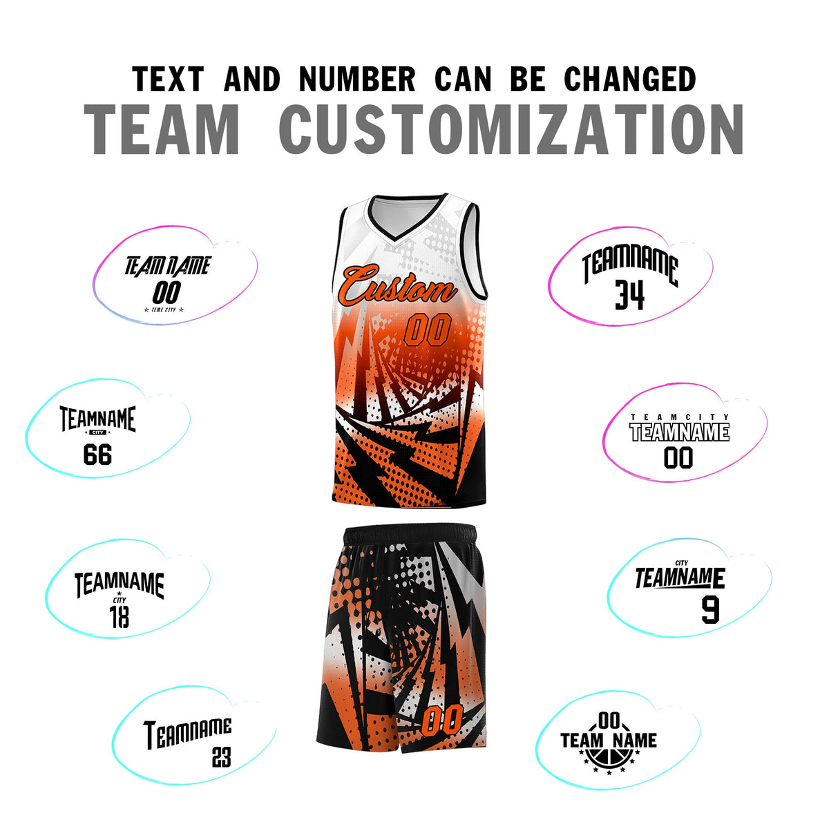 Custom Youth Basketball Jerseys White Orange Lightning Halftone Personalized Team Uniforms