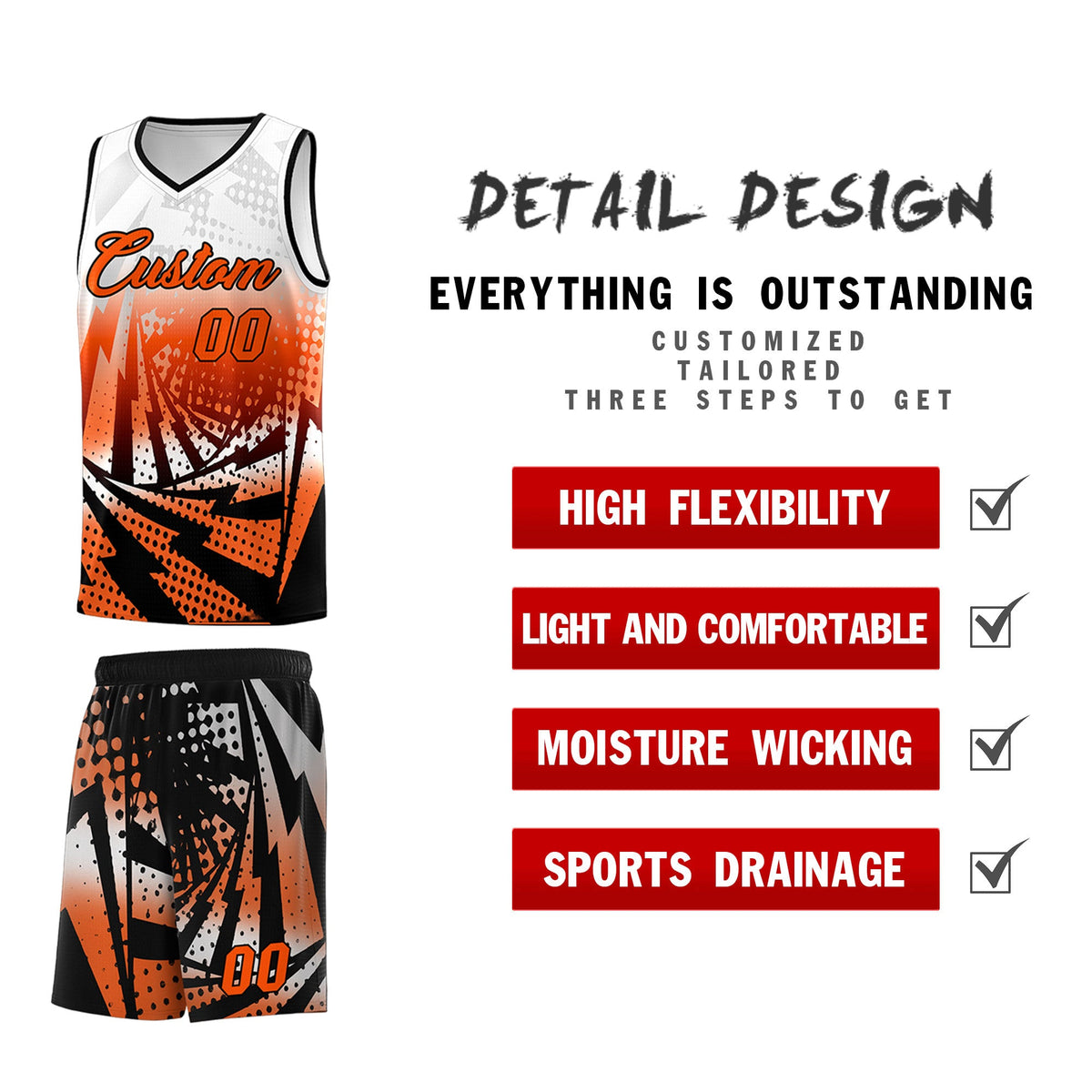 Custom Youth Basketball Jerseys White Orange Lightning Halftone Personalized Team Uniforms