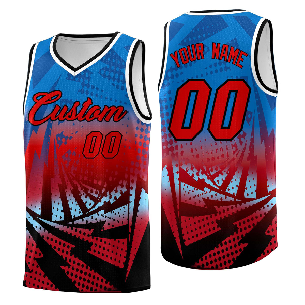 Custom Youth Basketball Jerseys Royal Red Lightning Design Halftone Personalized Uniforms