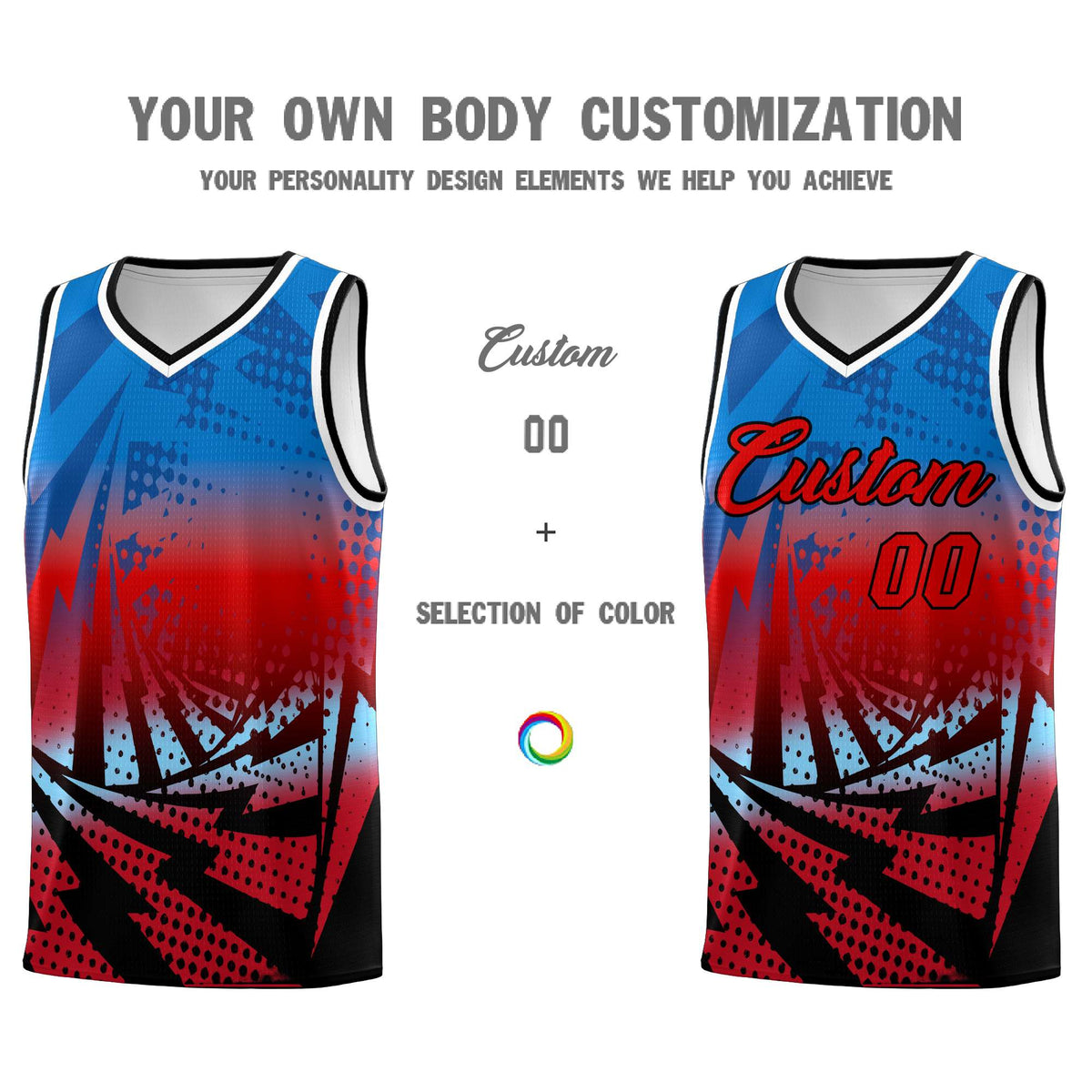 Custom Youth Basketball Jerseys Royal Red Lightning Design Halftone Personalized Uniforms