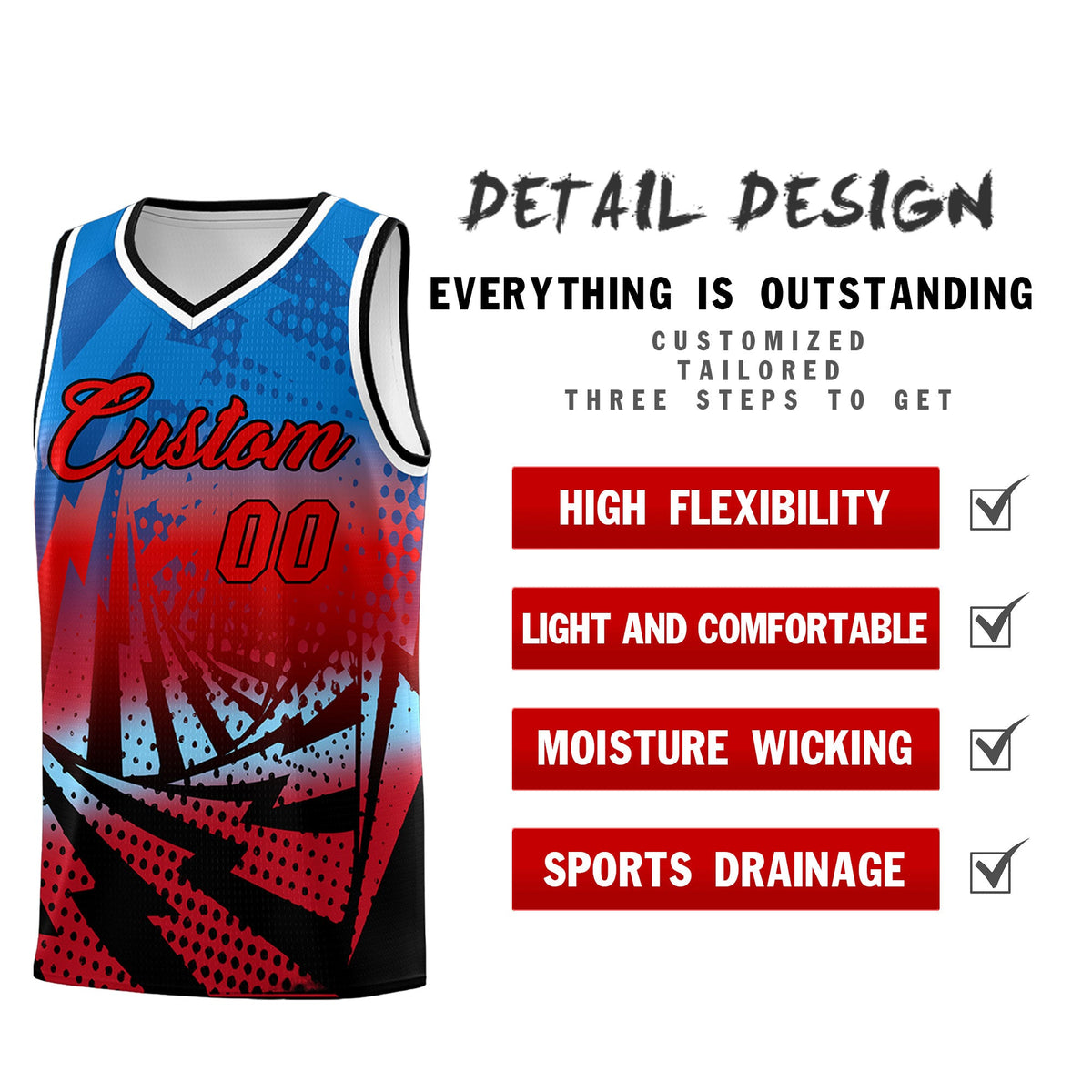 Custom Youth Basketball Jerseys Royal Red Lightning Design Halftone Personalized Uniforms