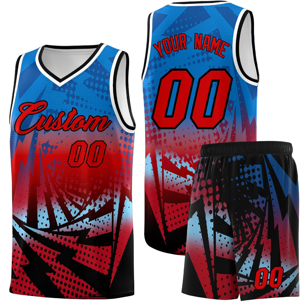 Custom Youth Basketball Jerseys Royal Red Lightning Design Halftone Personalized Uniforms
