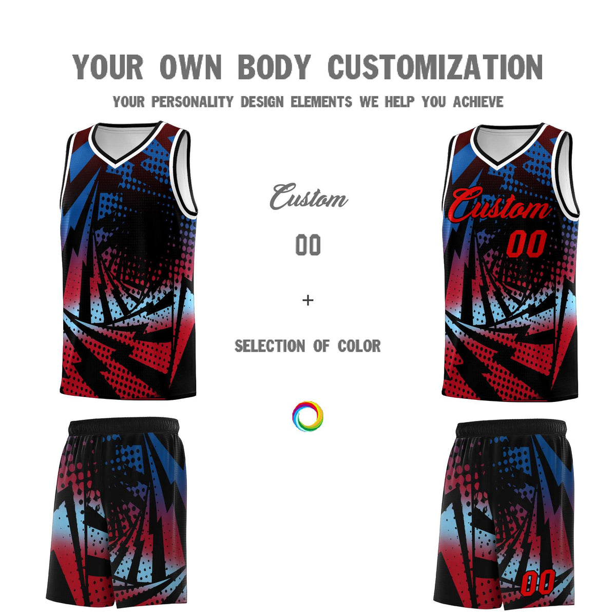 Custom Youth Basketball Jerseys Royal Red Lightning Design Halftone Personalized Uniforms