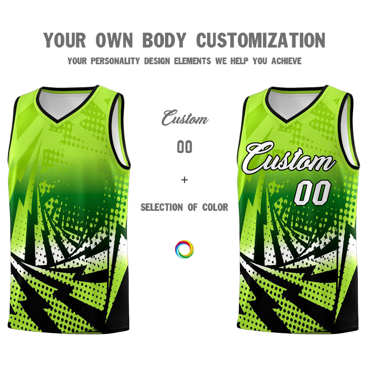 Custom Youth Basketball Jerseys Neon Green Black Lightning Halftone Personalized Team Uniforms