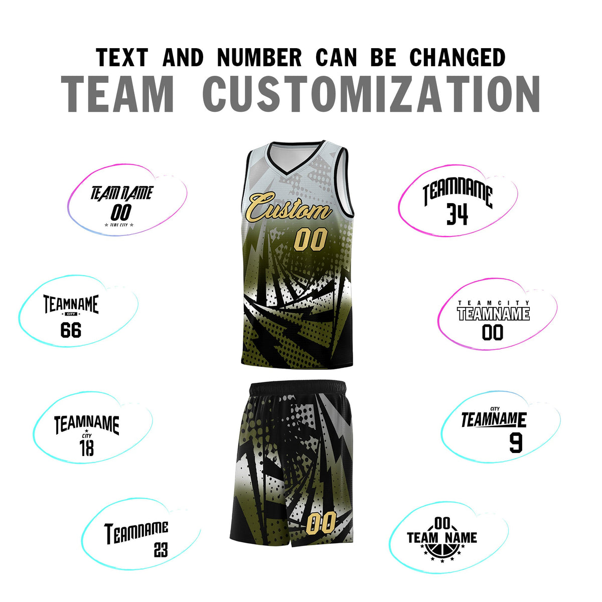 Custom Youth Basketball Jerseys Silver Gray Olive Lightning Design Halftone Personalized Uniforms