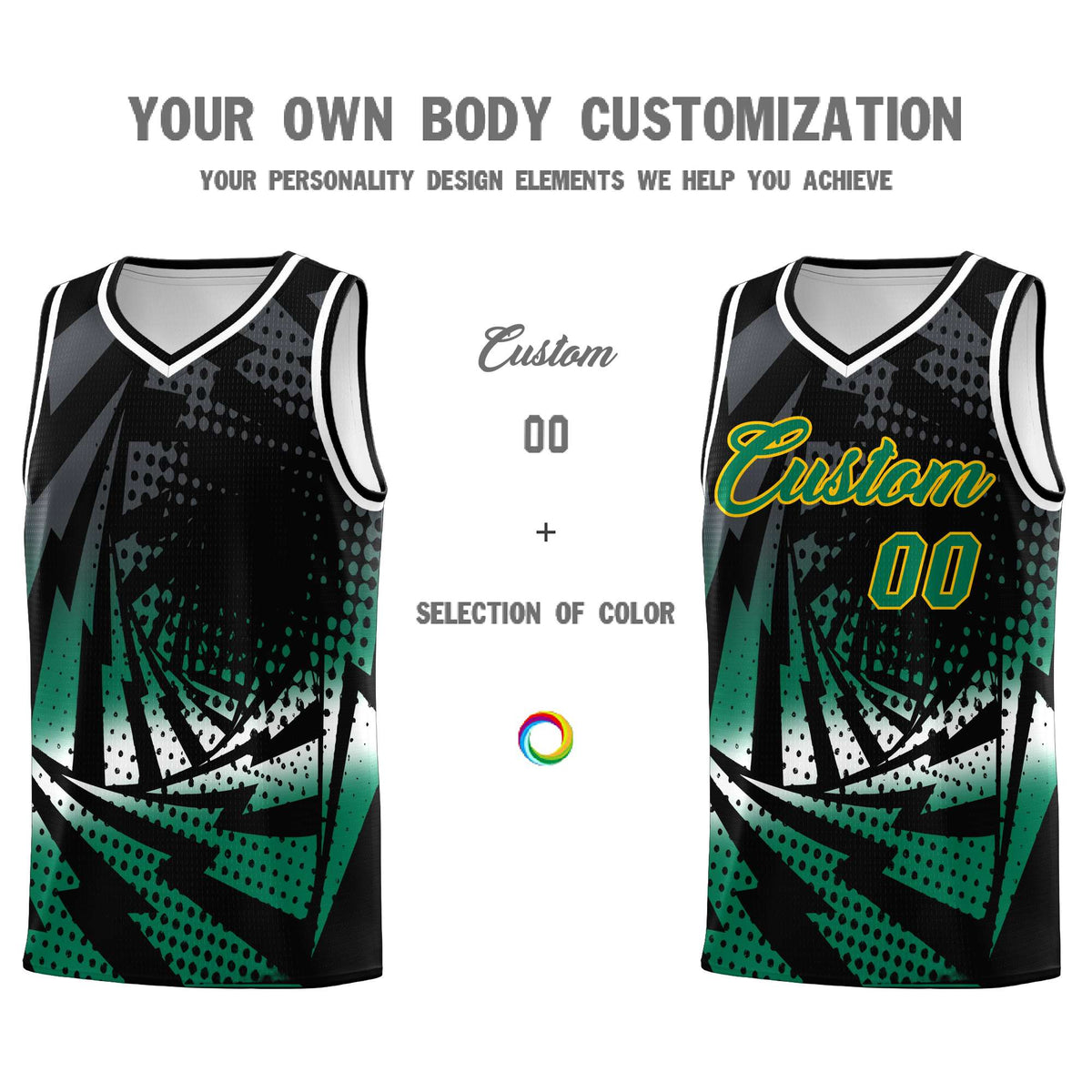 Custom Youth Basketball Jerseys Black Kelly Green Lightning Design Halftone Personalized Uniforms