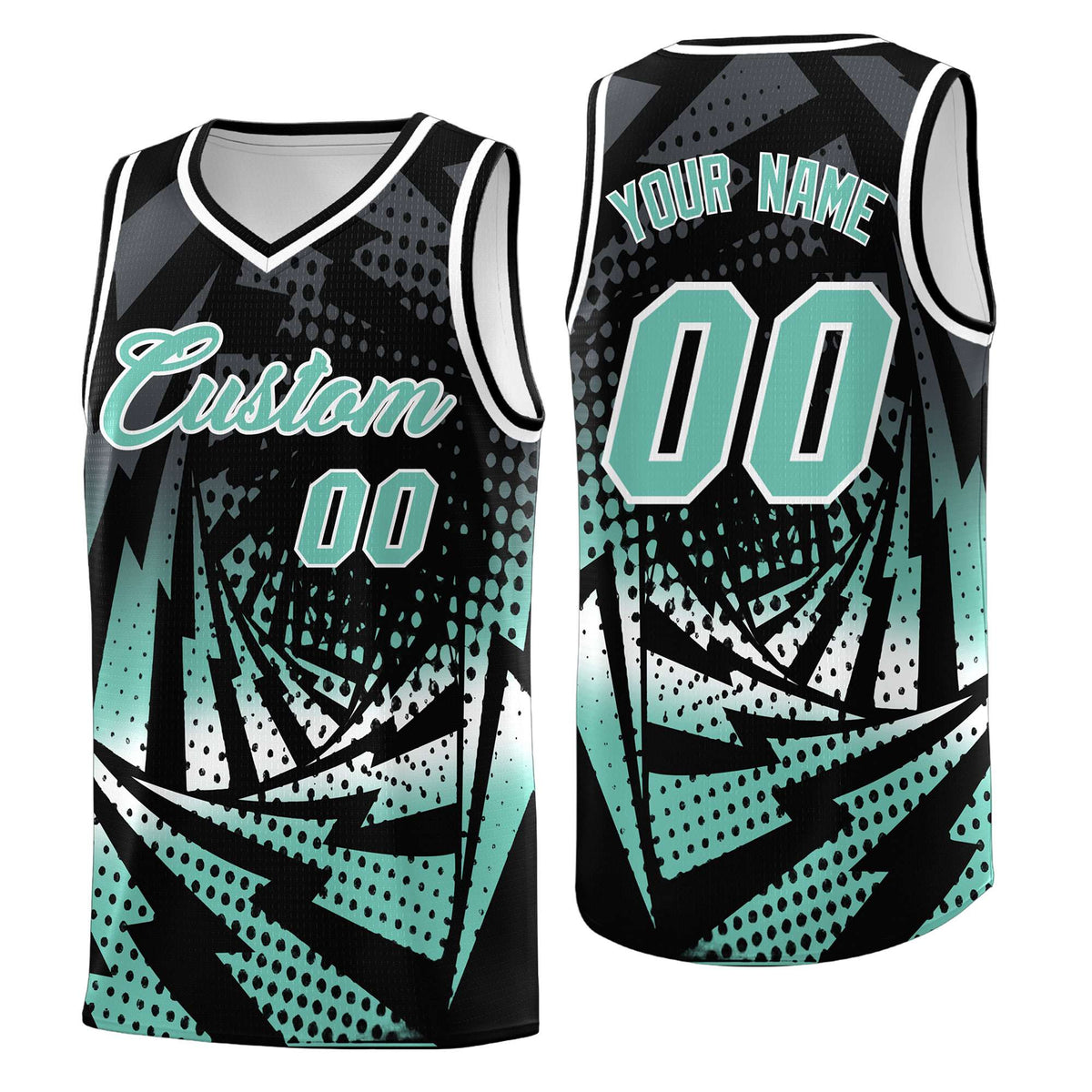Custom Youth Basketball Jerseys Black Bright Green Lightning Halftone Personalized Team Uniforms