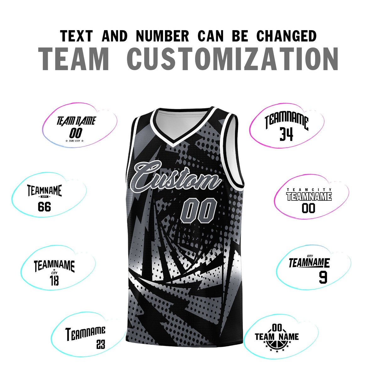 Custom Youth Basketball Jerseys Black Dark Gray Lightning Design Halftone Personalized Uniforms