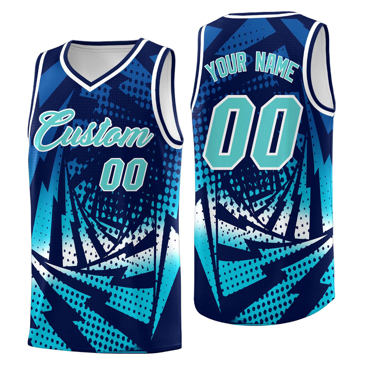 Custom Youth Basketball Jerseys Navy Sky Blue Lightning Halftone Personalized Team Uniforms
