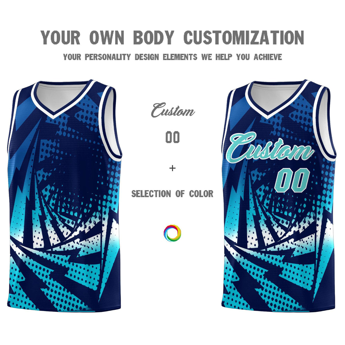 Custom Youth Basketball Jerseys Navy Sky Blue Lightning Halftone Personalized Team Uniforms