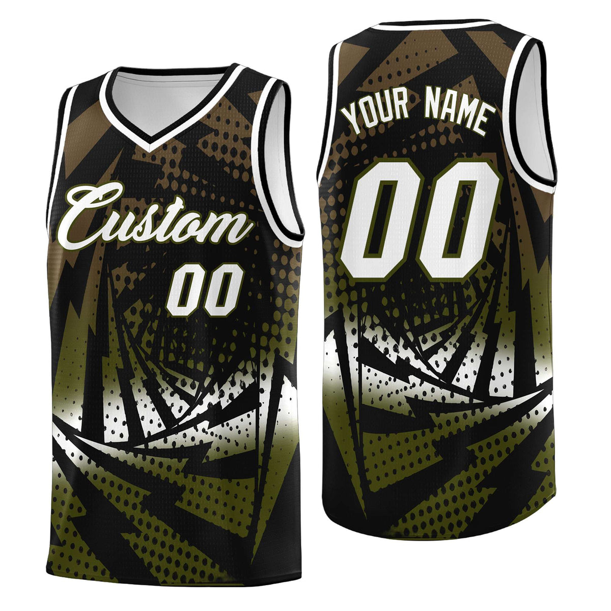 Custom Youth Basketball Jerseys Black Olive Lightning Design Halftone Personalized Uniforms