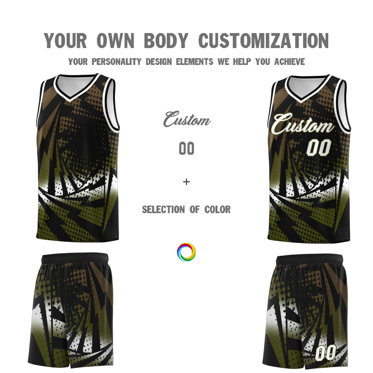 Custom Youth Basketball Jerseys Black Olive Lightning Design Halftone Personalized Uniforms