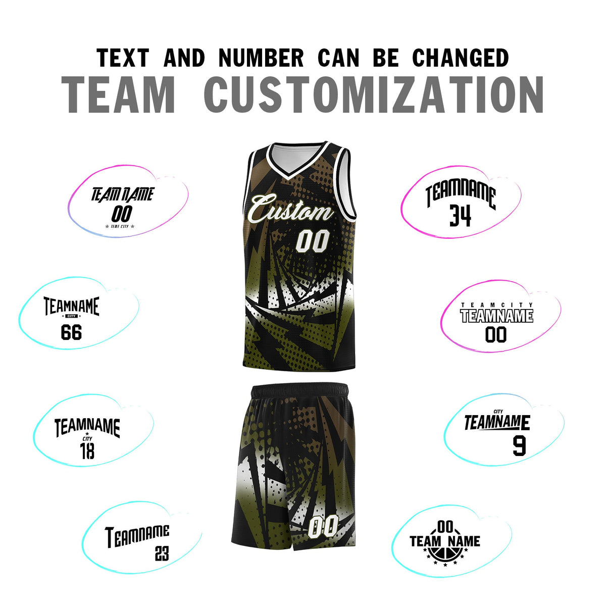 Custom Youth Basketball Jerseys Black Olive Lightning Design Halftone Personalized Uniforms