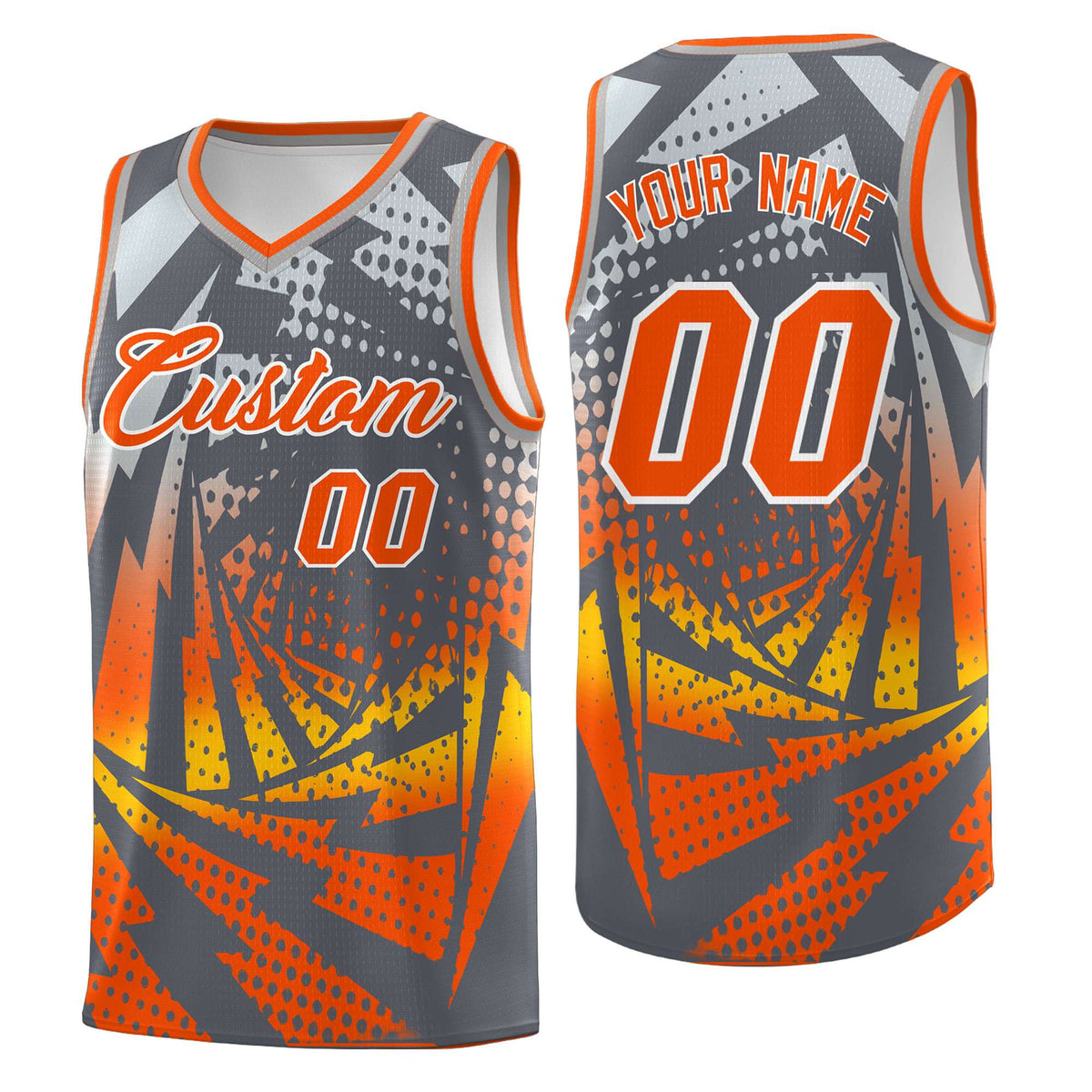Custom Youth Basketball Jerseys Dark Gray Orange Lightning Design Halftone Personalized Uniforms