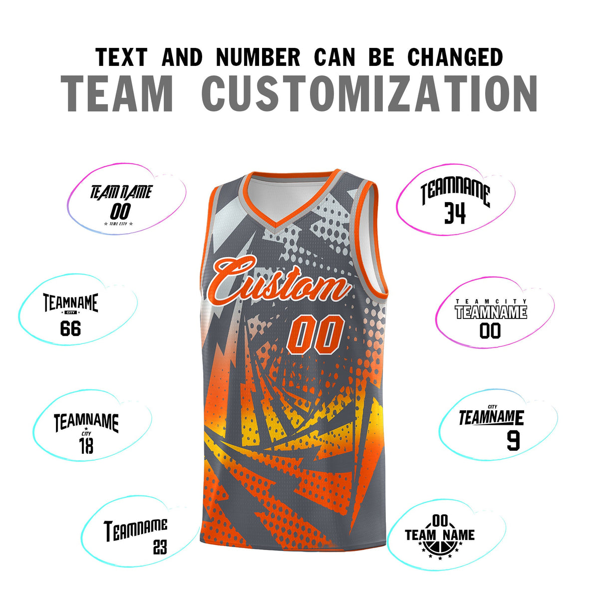 Custom Youth Basketball Jerseys Dark Gray Orange Lightning Design Halftone Personalized Uniforms