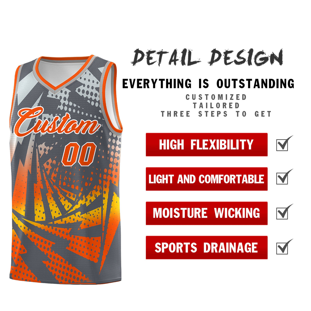 Custom Youth Basketball Jerseys Dark Gray Orange Lightning Design Halftone Personalized Uniforms