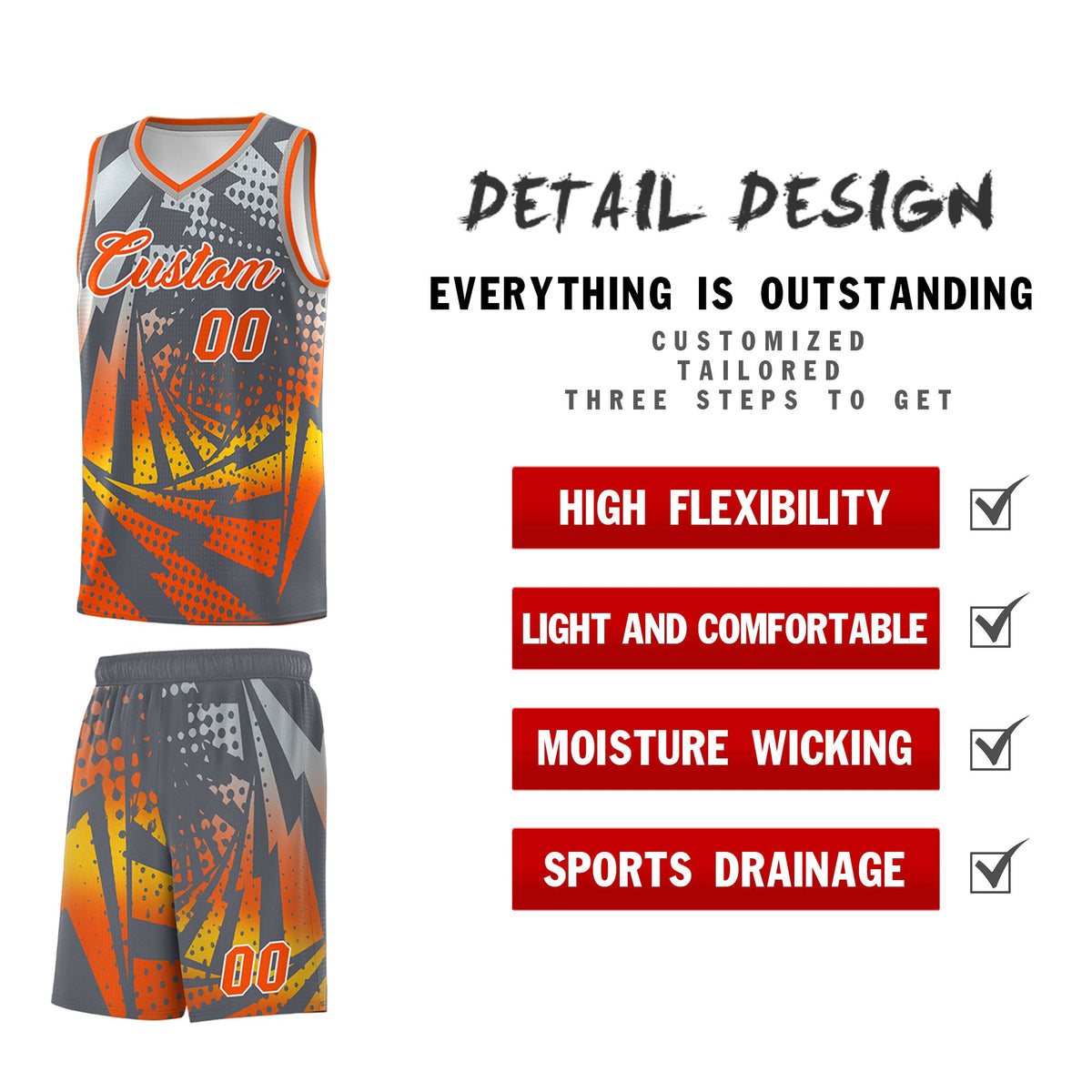 Custom Youth Basketball Jerseys Dark Gray Orange Lightning Design Halftone Personalized Uniforms