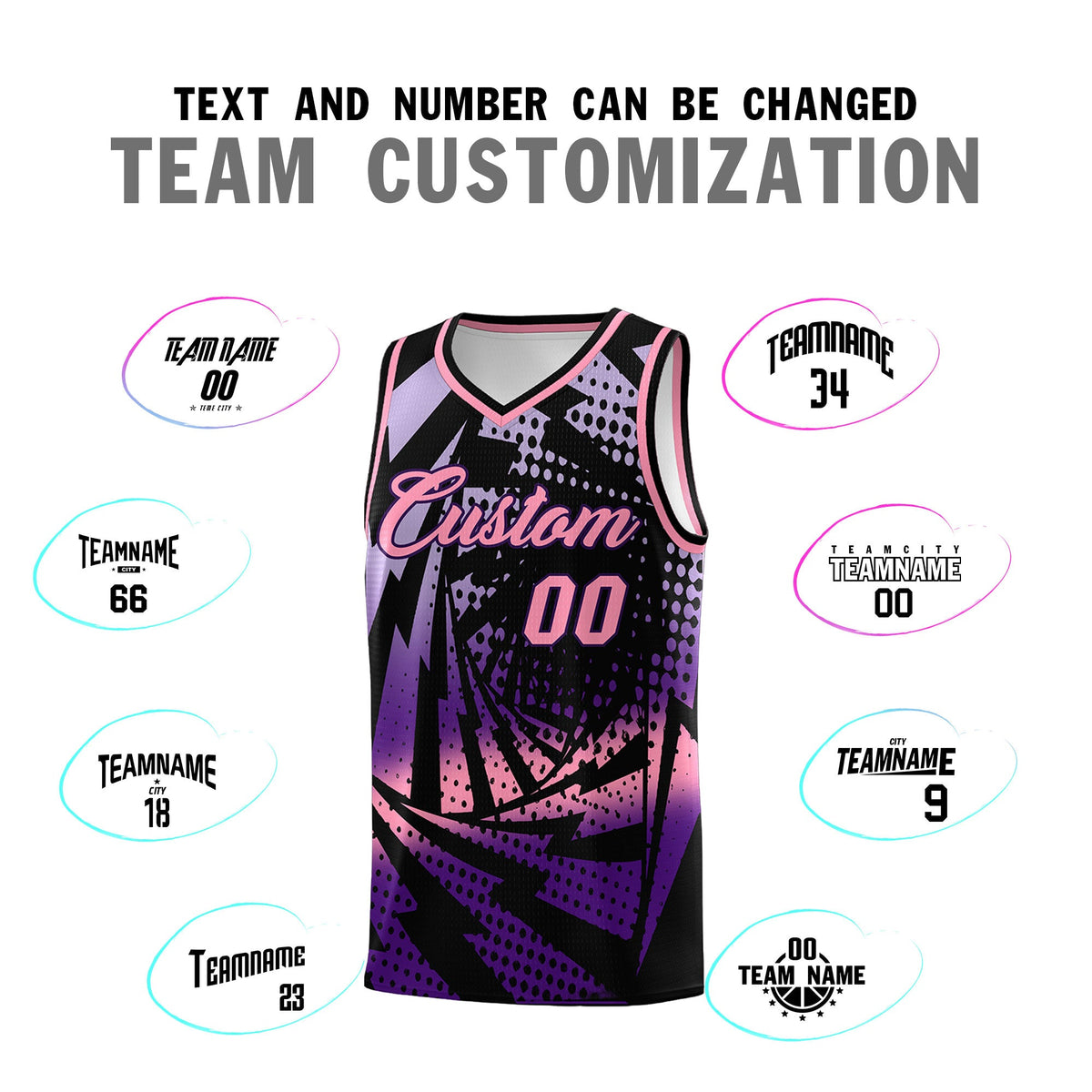 Custom Youth Basketball Jerseys Black Purple Lightning Halftone Personalized Team Uniforms