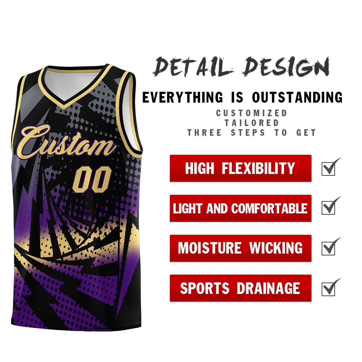 Custom Youth Basketball Jerseys Black Purple Lightning Design Halftone Personalized Uniforms