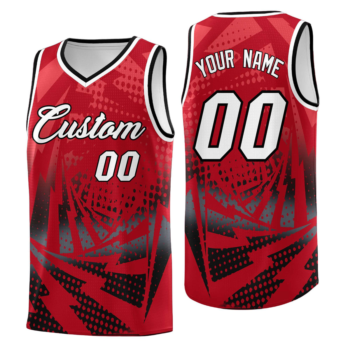 Custom Youth Basketball Jerseys Red Black Lightning Halftone Personalized Team Uniforms