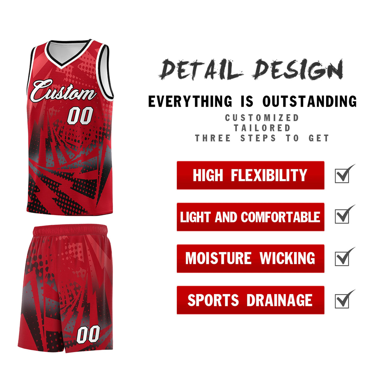 Custom Youth Basketball Jerseys Red Black Lightning Halftone Personalized Team Uniforms