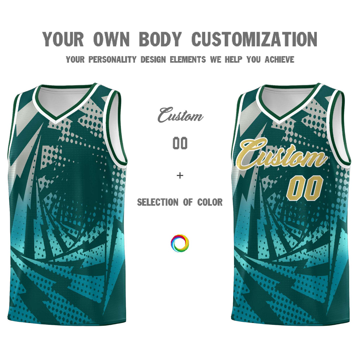Custom Youth Basketball Jerseys Midnight Green Teal Lightning Halftone Personalized Team Uniforms