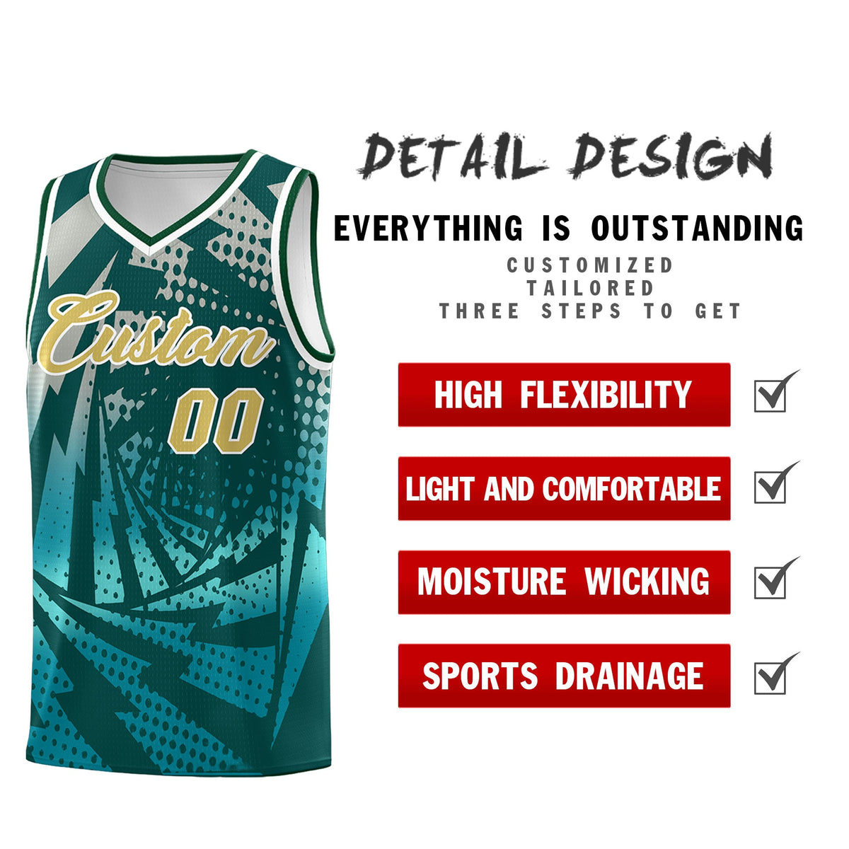 Custom Youth Basketball Jerseys Midnight Green Teal Lightning Halftone Personalized Team Uniforms
