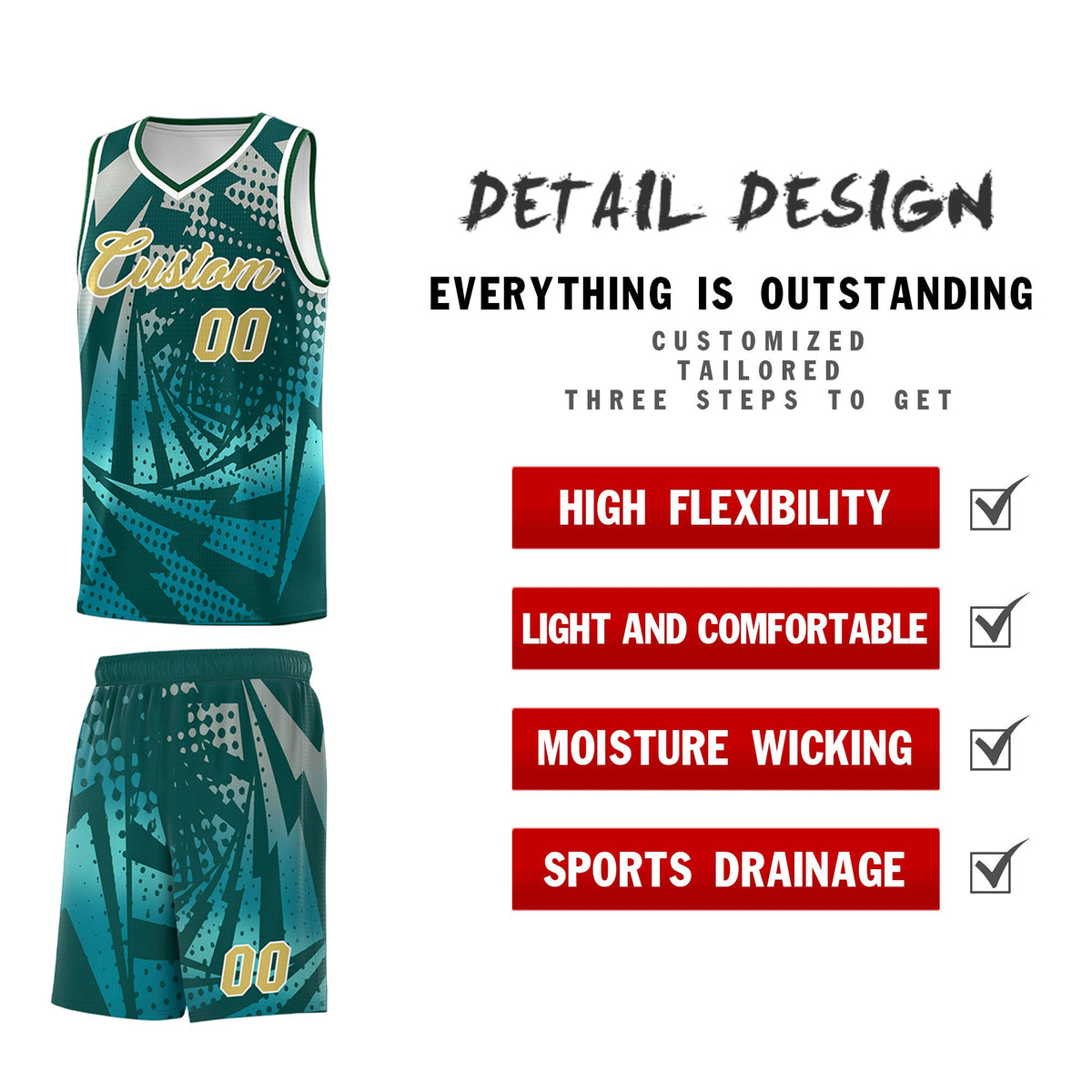 Custom Youth Basketball Jerseys Midnight Green Teal Lightning Halftone Personalized Team Uniforms