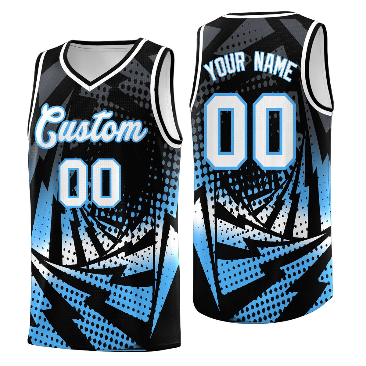 Custom Youth Basketball Jerseys Black Powder Blue Lightning Design Halftone Personalized Uniforms