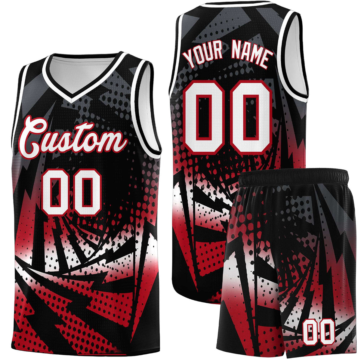 Custom Youth Basketball Jerseys Black Red Lightning Halftone Personalized Team Uniforms