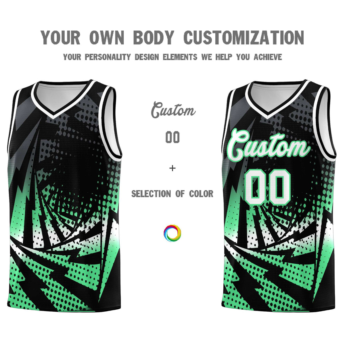 Custom Youth Basketball Jerseys Black Green Lightning Design Halftone Personalized Uniforms