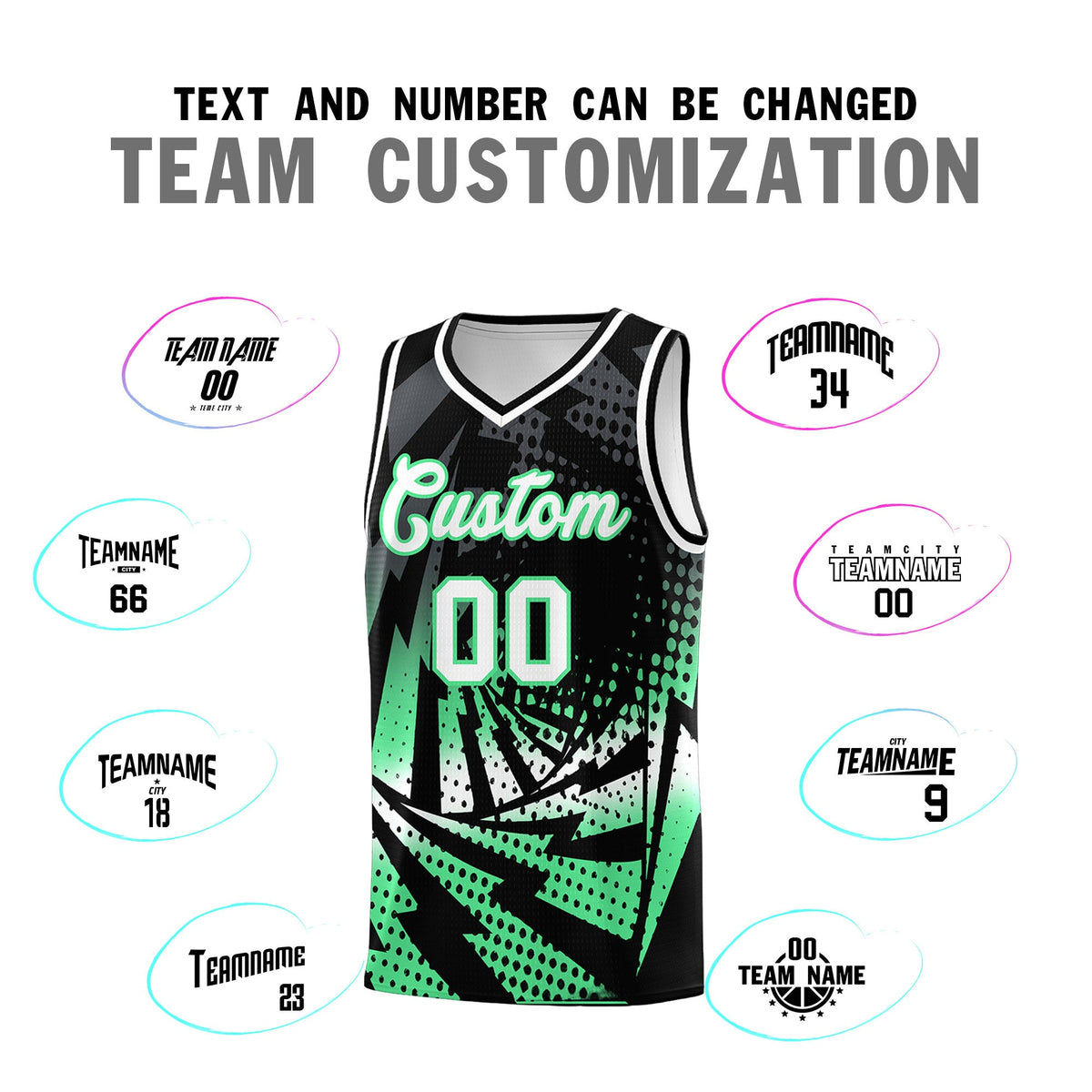 Custom Youth Basketball Jerseys Black Green Lightning Design Halftone Personalized Uniforms