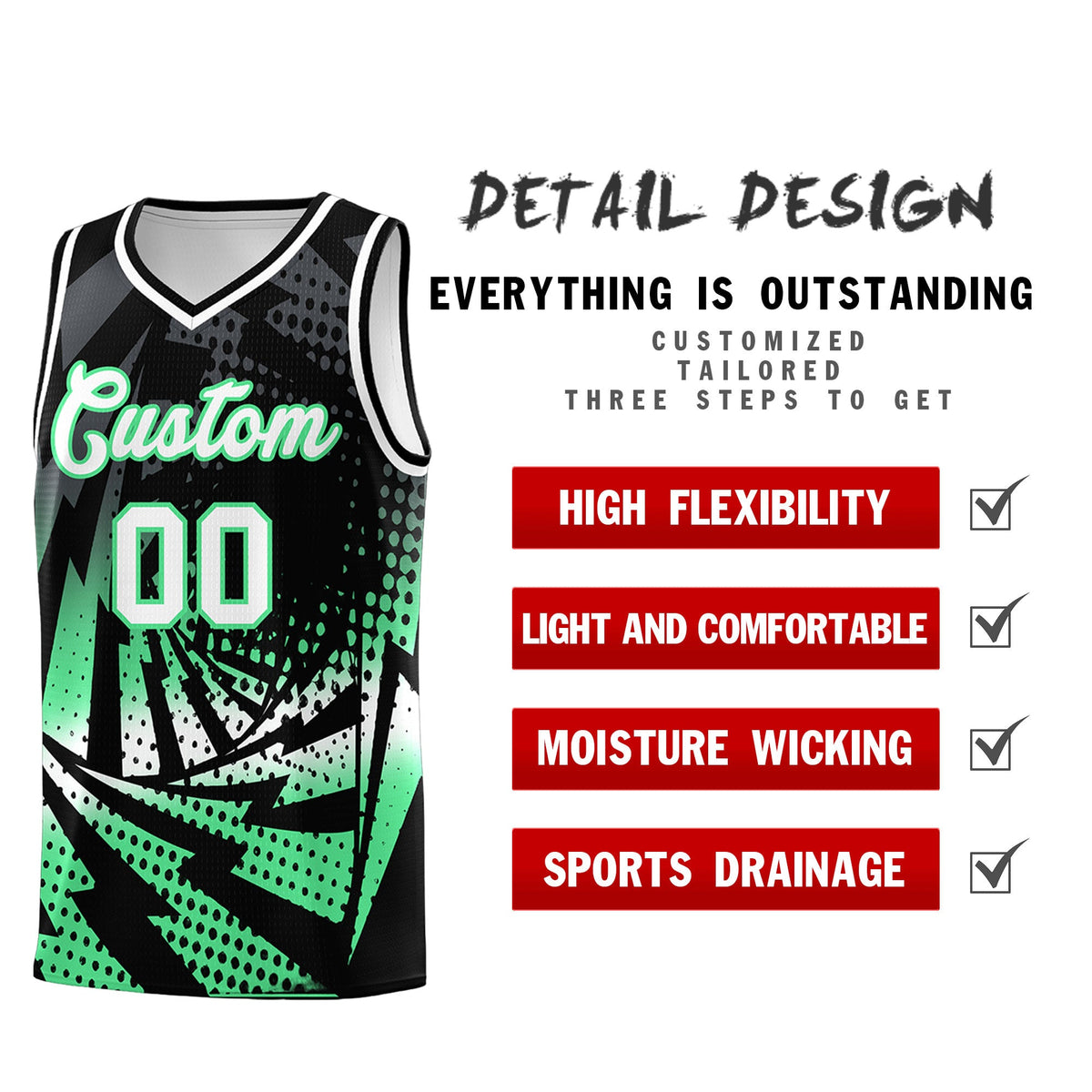 Custom Youth Basketball Jerseys Black Green Lightning Design Halftone Personalized Uniforms