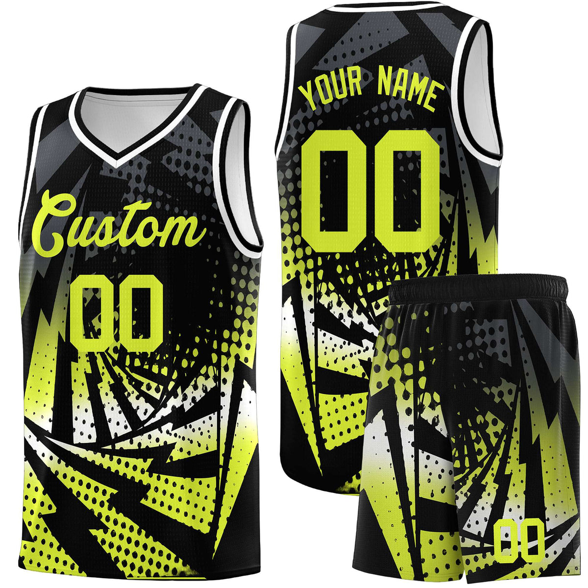 Custom Youth Basketball Jerseys Black Fluorescent Green Lightning Halftone Personalized Team Uniforms