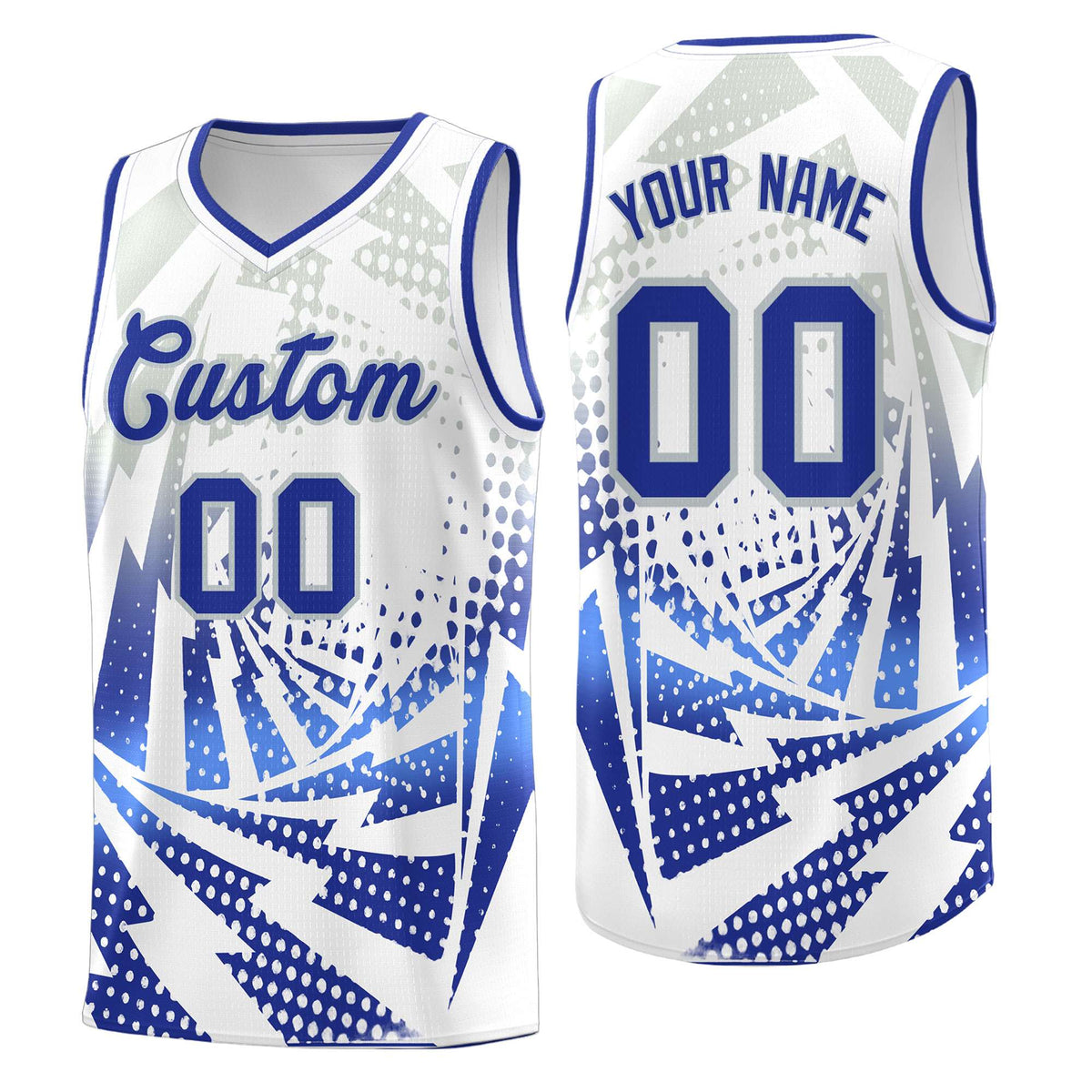 Custom Youth Basketball Jerseys White Royal Blue Lightning Design Halftone Personalized Uniforms