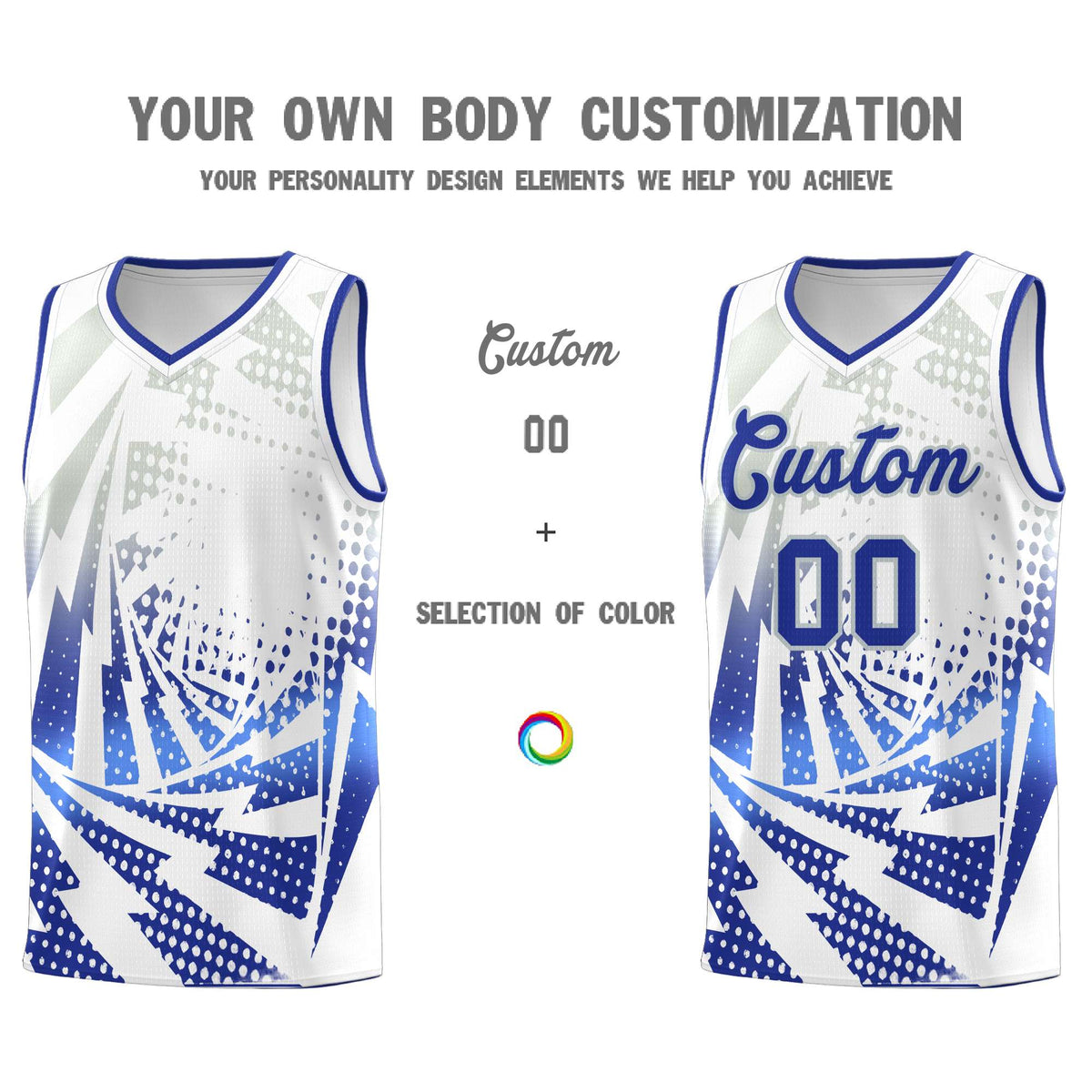 Custom Youth Basketball Jerseys White Royal Blue Lightning Design Halftone Personalized Uniforms