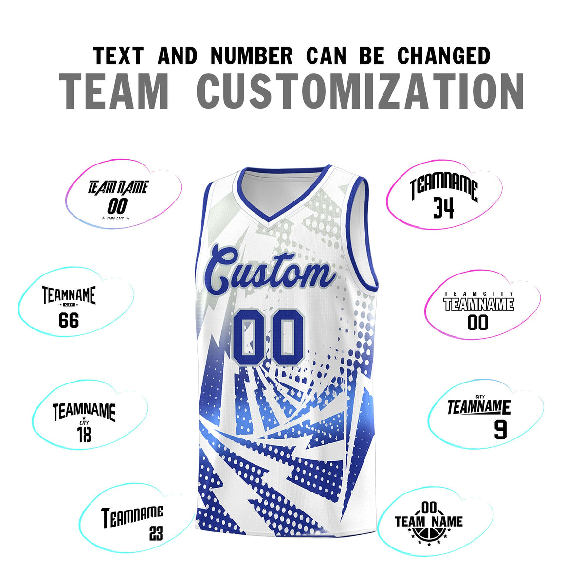 Custom Youth Basketball Jerseys White Royal Blue Lightning Design Halftone Personalized Uniforms