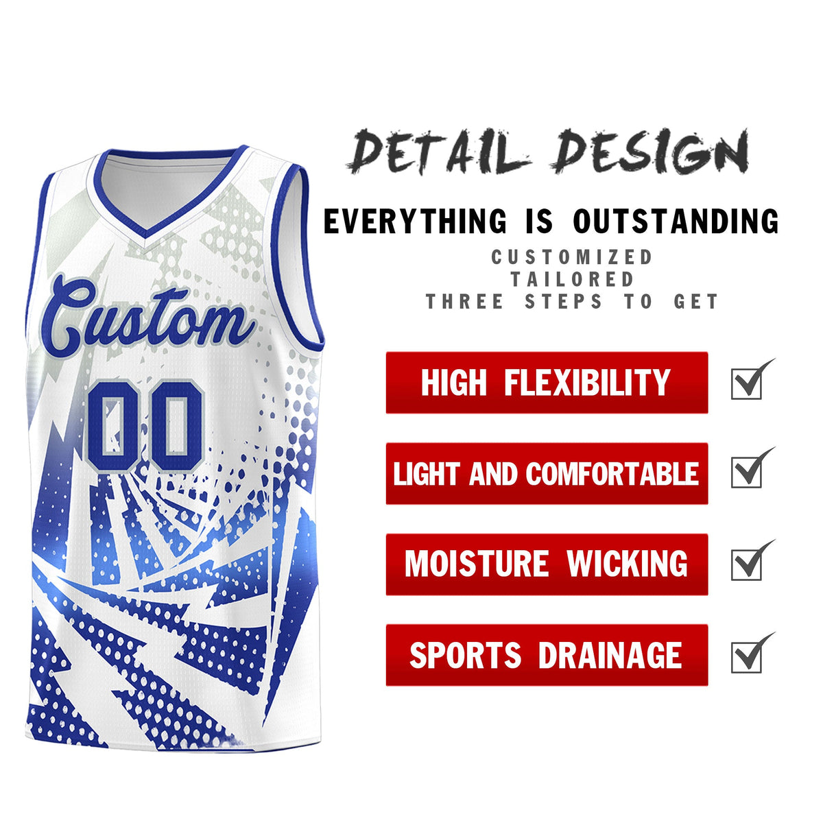 Custom Youth Basketball Jerseys White Royal Blue Lightning Design Halftone Personalized Uniforms