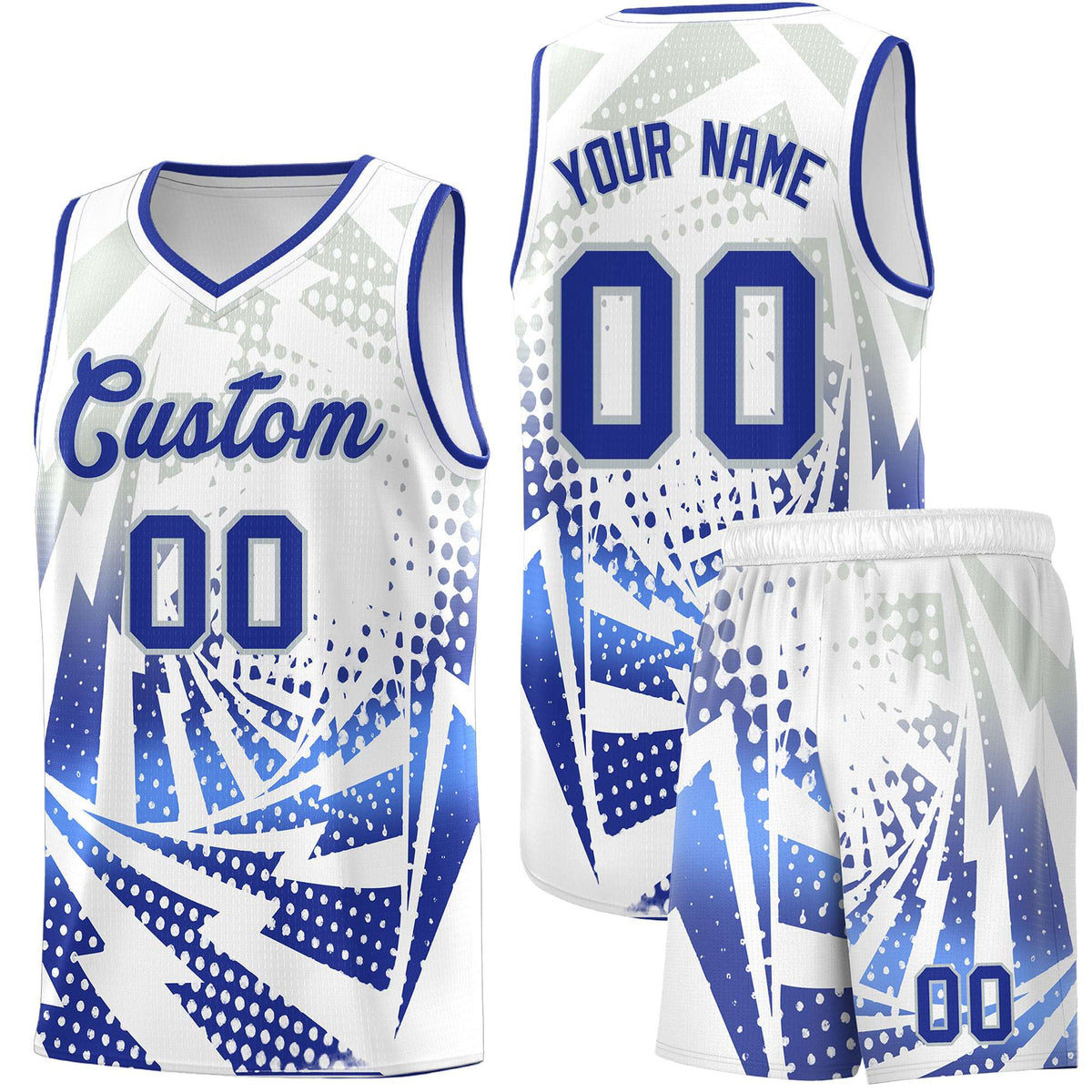Custom Youth Basketball Jerseys White Royal Blue Lightning Design Halftone Personalized Uniforms