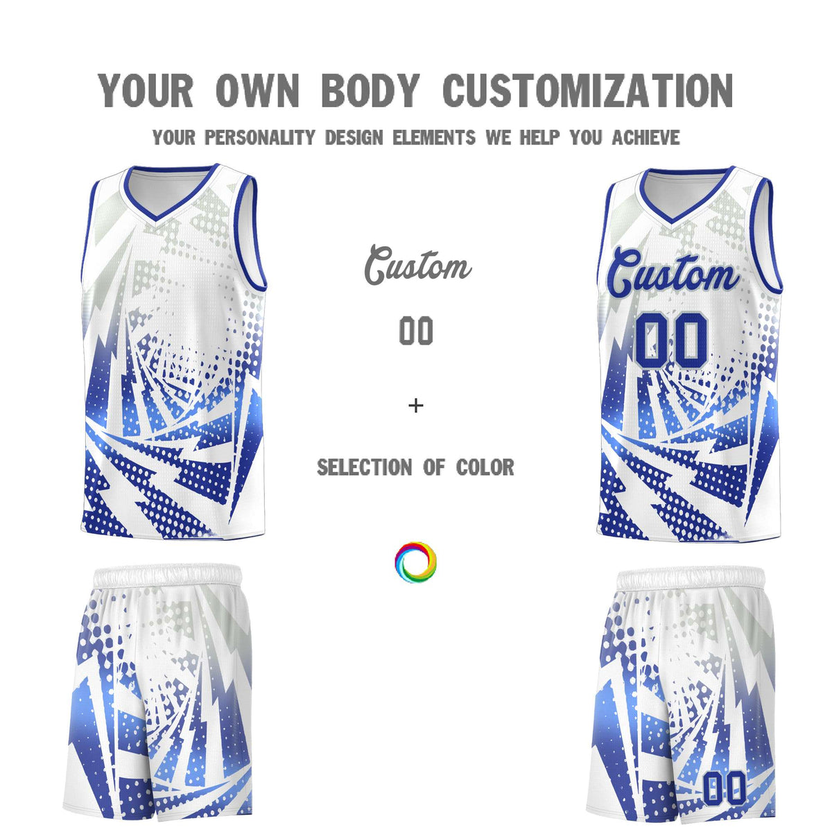 Custom Youth Basketball Jerseys White Royal Blue Lightning Design Halftone Personalized Uniforms
