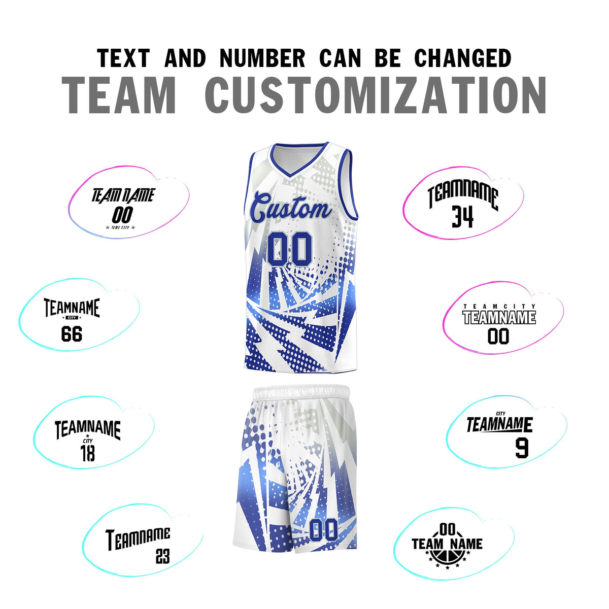 Custom Youth Basketball Jerseys White Royal Blue Lightning Design Halftone Personalized Uniforms