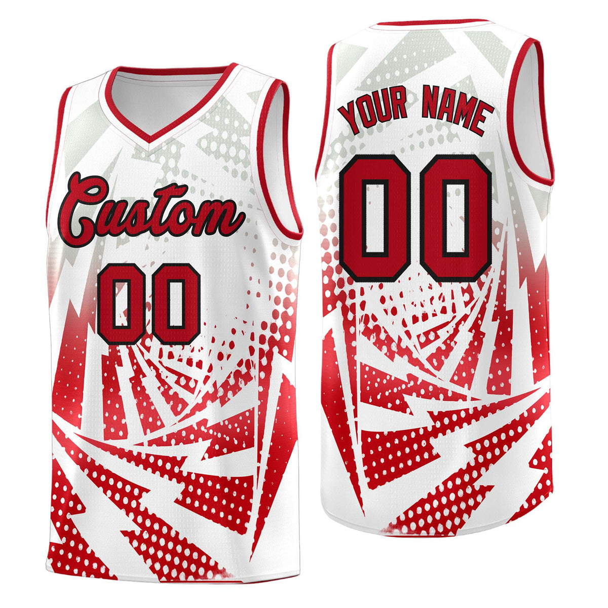 Custom Youth Basketball Jerseys White Red Lightning Halftone Personalized Team Uniforms