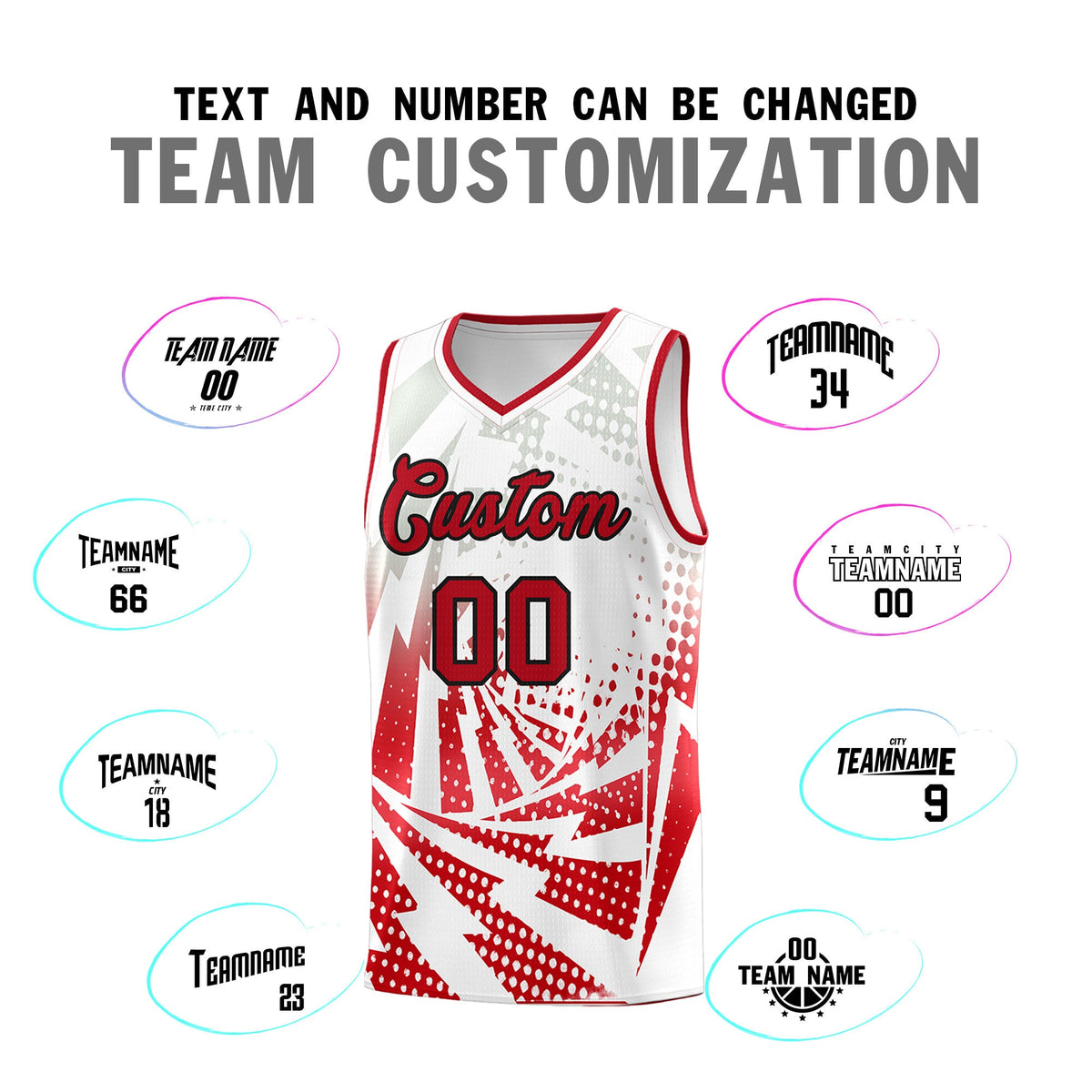 Custom Youth Basketball Jerseys White Red Lightning Halftone Personalized Team Uniforms